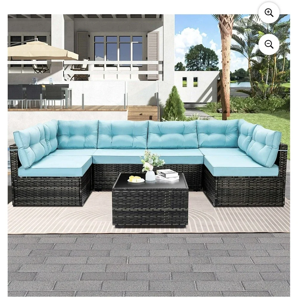 7pc Outdoor Sectional Wicker Sofa Replacement Covers Light Blue Water Resistant